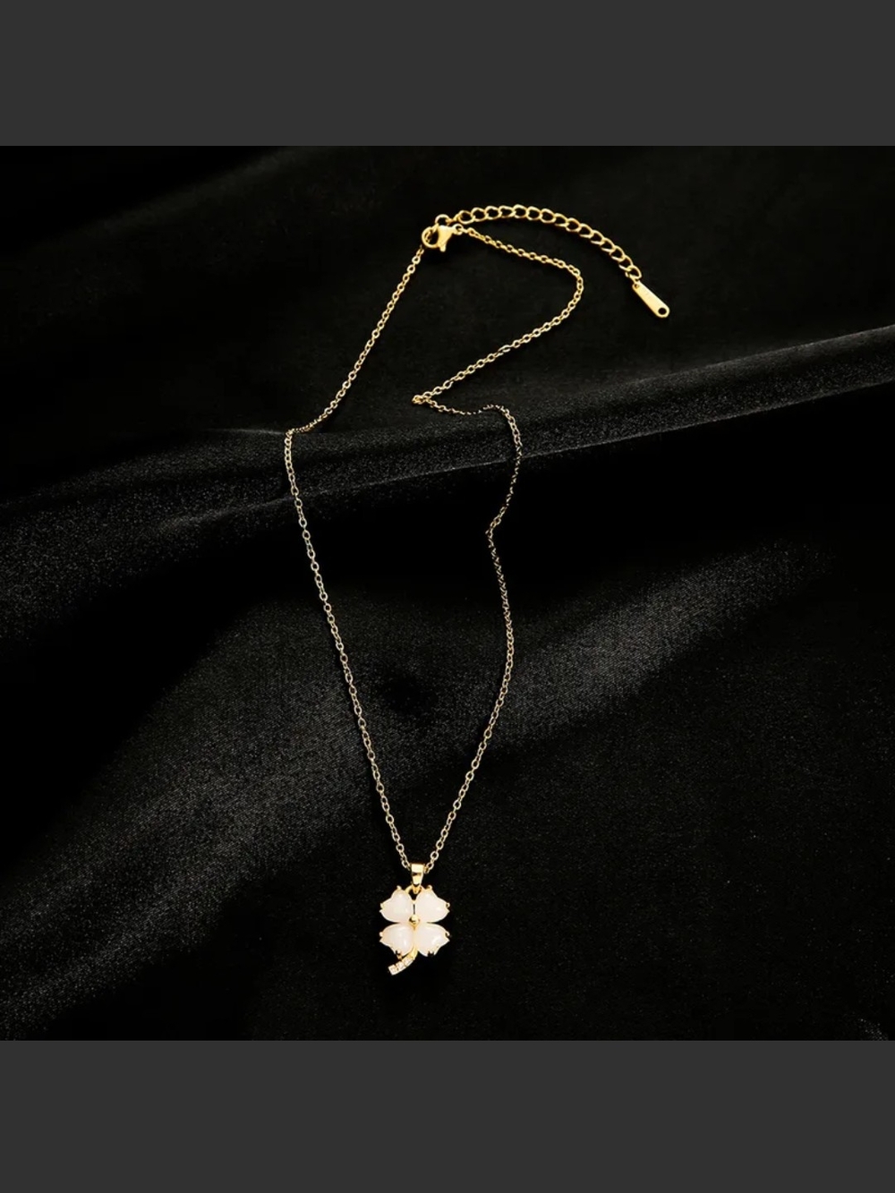 Gold Four-Leaf Clover Pendant Necklace with White Inlay